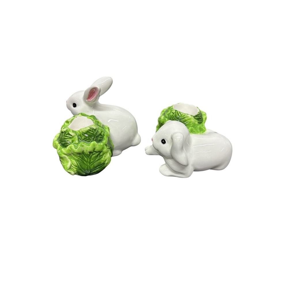 Vintage Ceramic Rabbit With Cabbage Dinner Taper Candle Holder Easter Spring - Picture 2 of 7